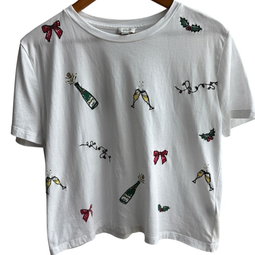 J. CREW Embroidered Party Tee Womens Small White Embellished Cheers Holiday Boxy